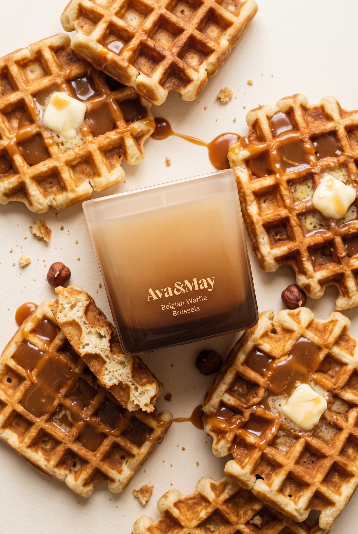 La bougie Ava&May Belgian Waffle de 220 grammes, posée sur une table, entourée de gaufres belges tout juste sorties du four et fourrées à la crème au caramel et au beurre
