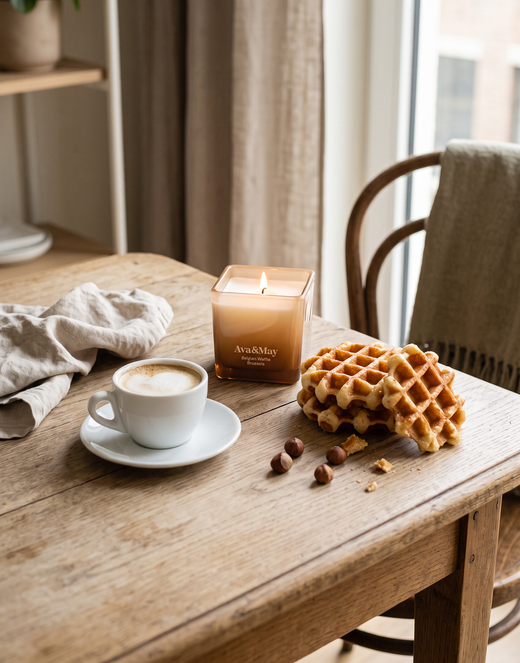 La bougie Ava&May Belgian Waffle de 220 grammes, allumée, est posée sur une table en bois dans un café, entourée d'une tasse de cappuccino mousseux, de noisettes et de gaufres belges.