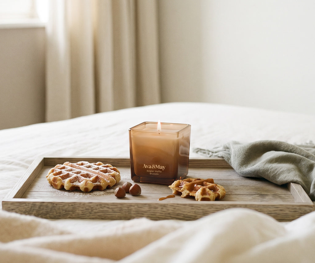 La bougie Ava&May Belgian Waffle de 220 grammes, allumée, est posée sur un plateau en bois, lui-même posé sur une nappe, entourée de petites gaufres et de noisettes.