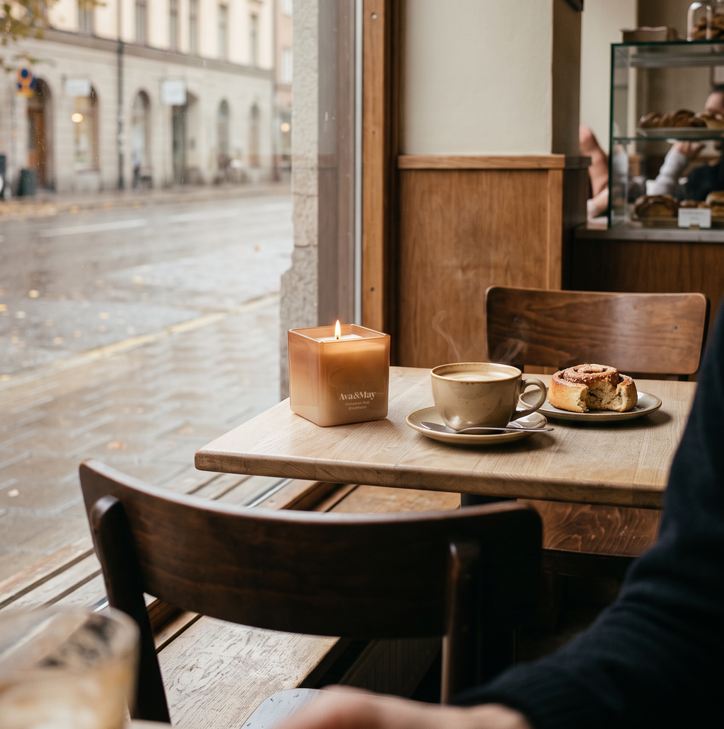 La bougie Cinnamon Roll de 220 grammes allumée sur la table d'un café, à côté d'une tasse de cappuccino et d'une petite pâtisserie à la cannelle