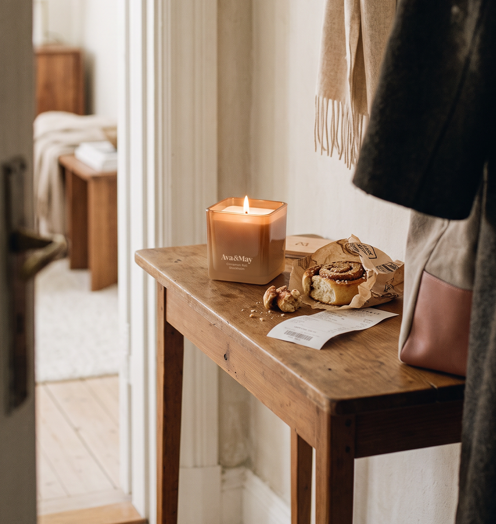 Une bougie Ava&May « Cinnamon Roll » allumée sur une petite table d'entrée en bois, accompagnée d'une pâtisserie à la cannelle