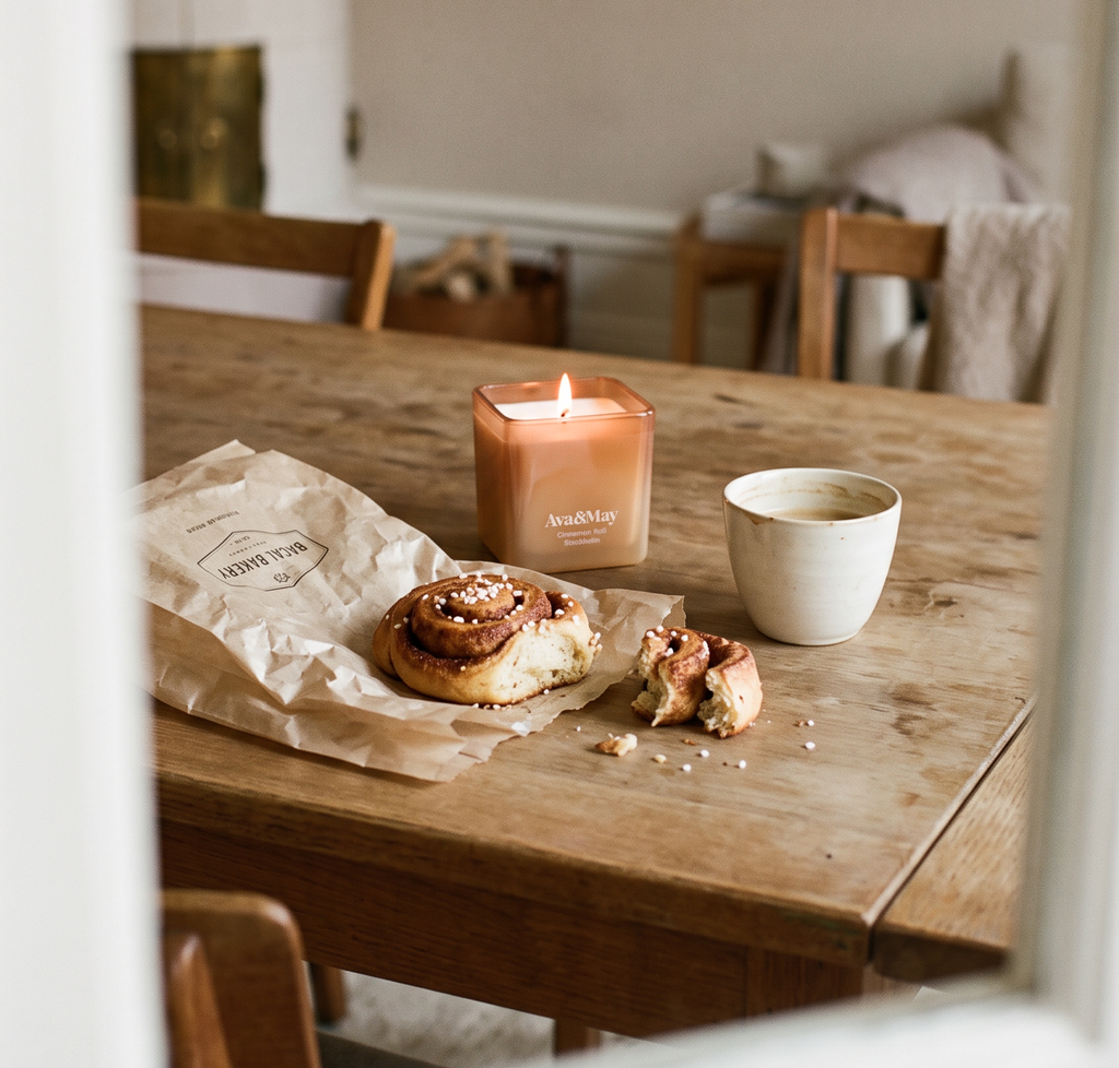 La bougie Cinnamon Roll de 220 grammes de la marque Ava&May allumée sur une table en bois dans une salle à manger, à côté d'une tasse de café et d'une petite pâtisserie à la cannelle provenant d'une boulangerie