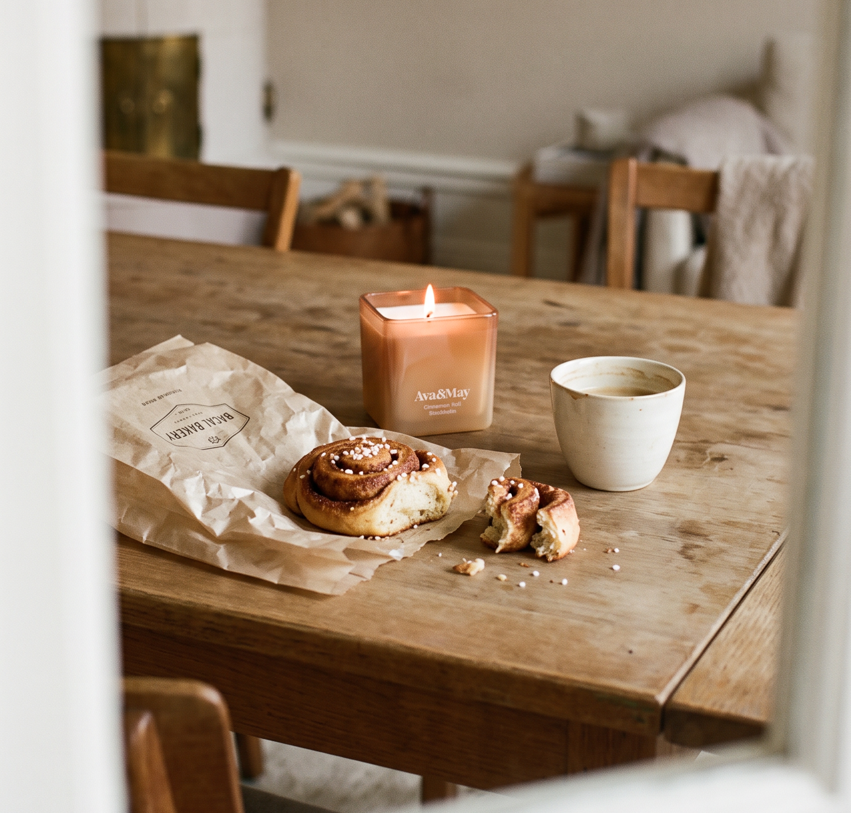 La bougie Cinnamon Roll de 220 grammes de la marque Ava&May allumée sur une table en bois dans une salle à manger, à côté d'une tasse de café et d'une petite pâtisserie à la cannelle provenant d'une boulangerie