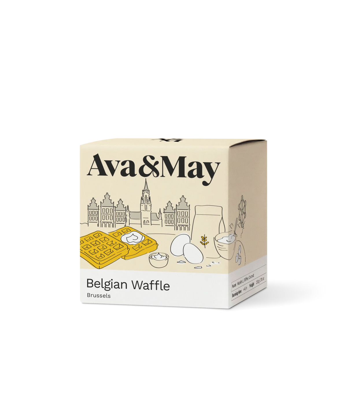 Boîte de bougies Ava&May Belgian Waffle de 220 grammes, ornée d'une illustration de la ligne d'horizon de Bruxelles