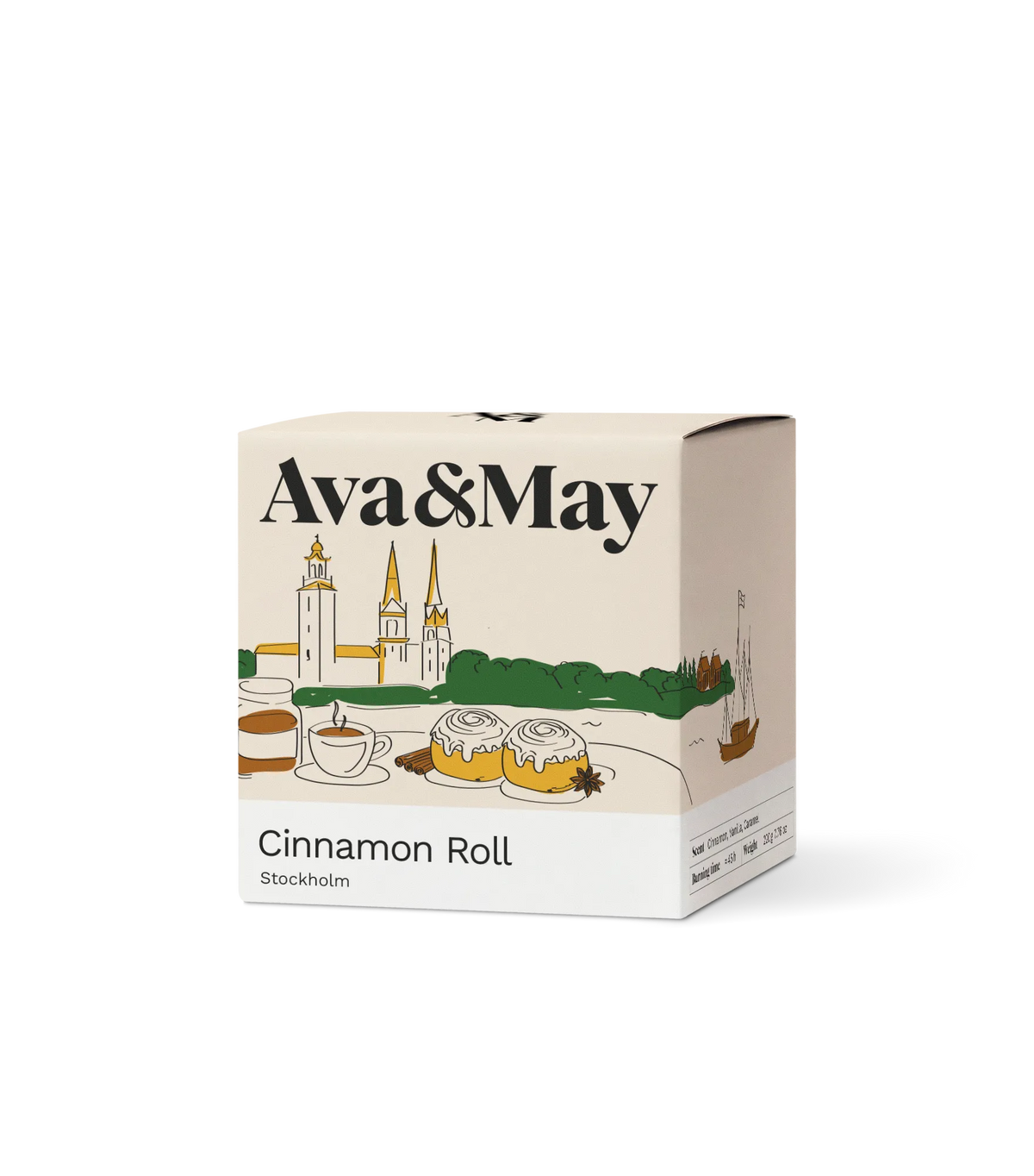 Boîte de bougies Ava&May Cinnamon Roll de 220 grammes, ornée d'une illustration de la ville de Stockholm