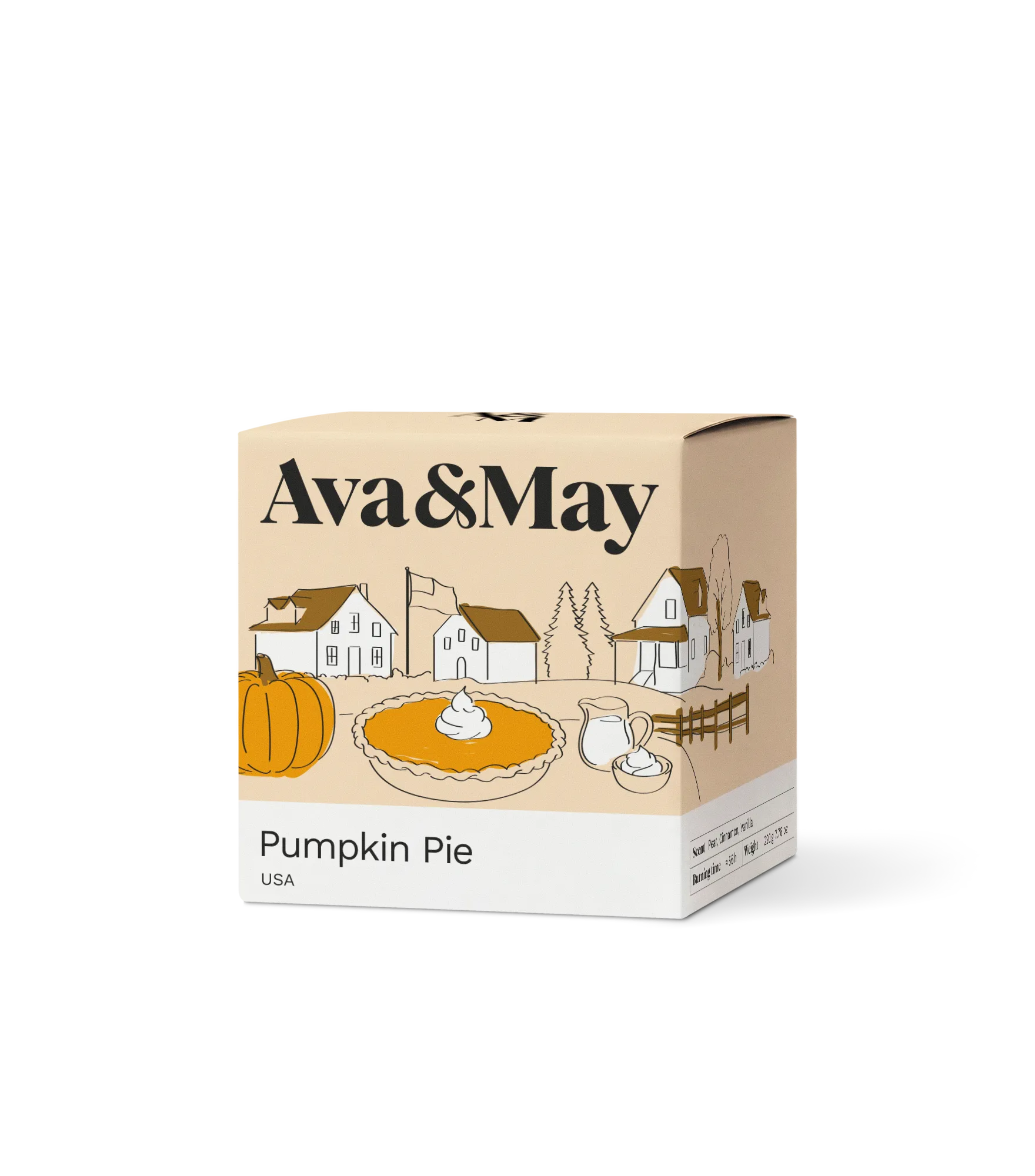 Boîte de bougies Ava&May Pumpkin Pie de 220 grammes, ornée d'une illustration représentant un paysage automnal typique des États-Unis