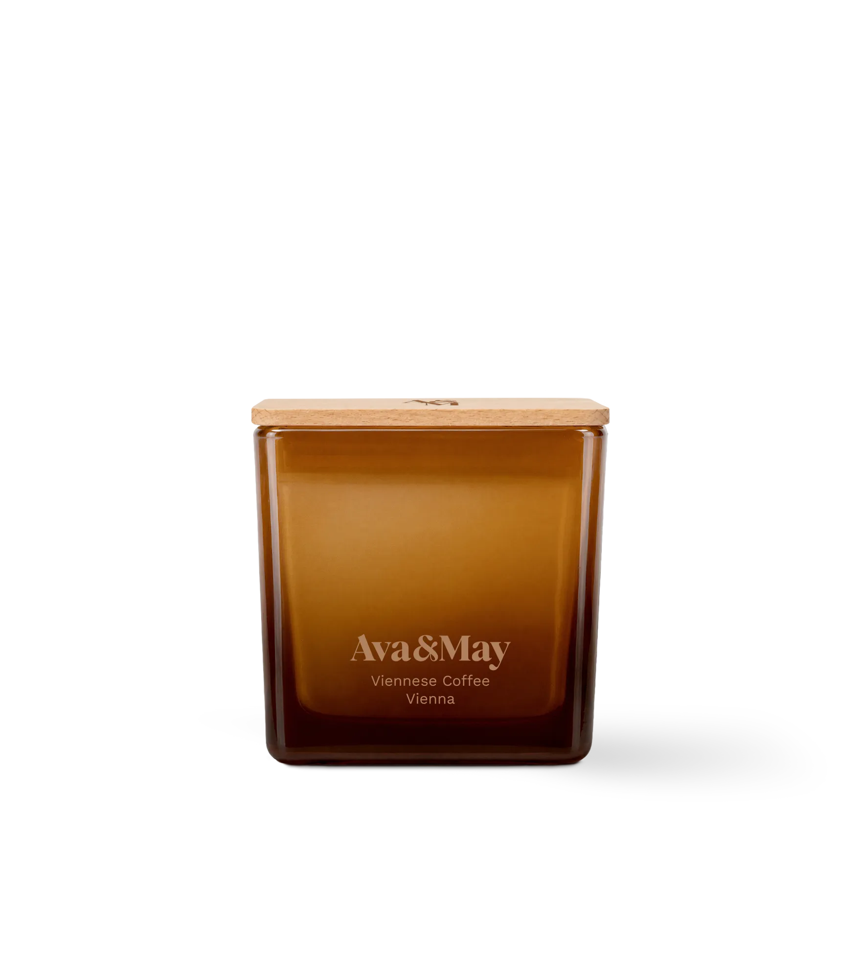Bougie Ava&May Viennese Coffee de 220 grammes, dans un pot carré en verre avec un couvercle en bois
