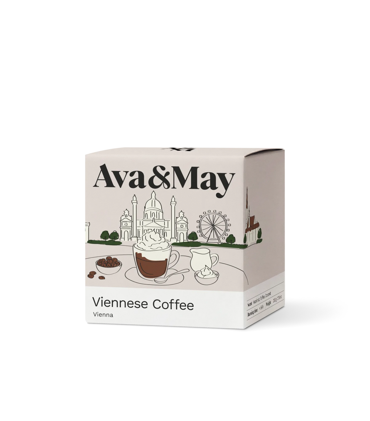 Boîte de bougies Ava&May Viennese Coffee de 220 grammes, ornée d'une illustration de la ville de Vienne et de ses sites touristiques