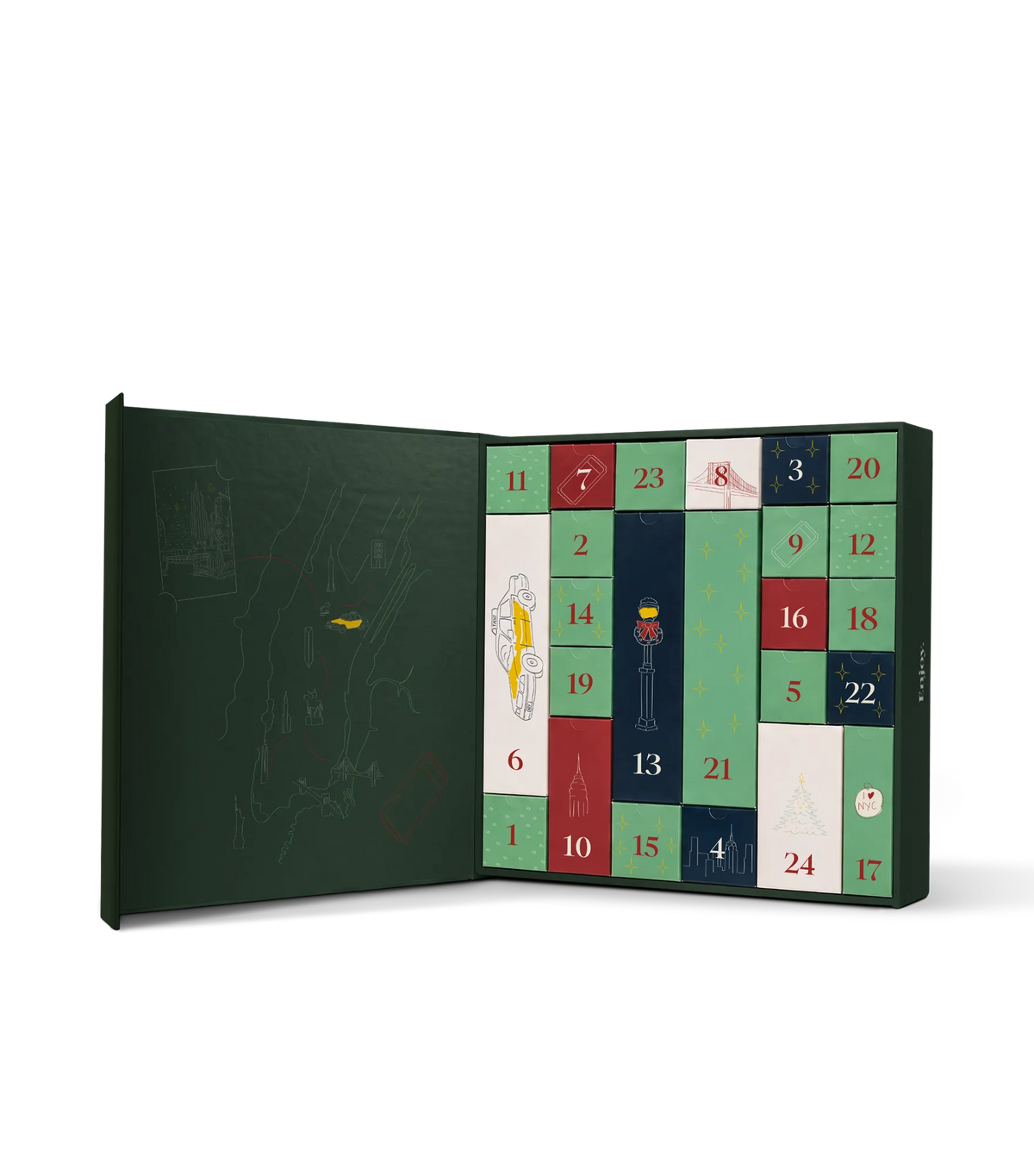 Packaging Calendrier de l’Avent Ava&May avec 24 boîtes cadeaux colorées, illustration de New York et détails de Noël