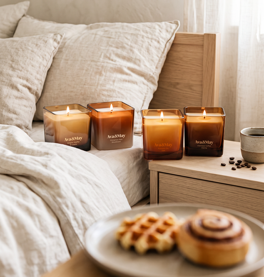 Les bougies Belgian waffle 220 grammes e Cinnamon Roll 220 grammes sont allumées et posées sur le lit, tandis que les bougies Viennese Coffee 220 grammes e Pumpkin Pie 220 grammes se trouvent sur la table de chevet, à côté d’une tasse de café et de grains de café. Au premier plan, on voit une soucoupe avec des petits gâteaux.