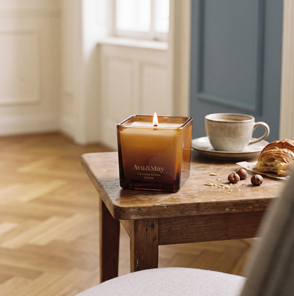 Bougie Viennese Coffee d'Ava&May allumée sur une table basse en bois, avec une tasse de café, un croissant et des noisettes