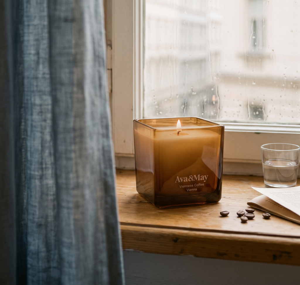 Bougie Ava&May Viennese Coffee allumée sur un rebord de fenêtre alors qu'il pleut dehors