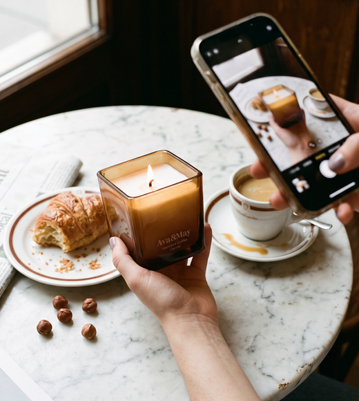 Bougie Ava&May Viennese Coffee de 220 grammes allumée, avec une tasse de café, un croissant et une main qui la photographie avec un téléphone