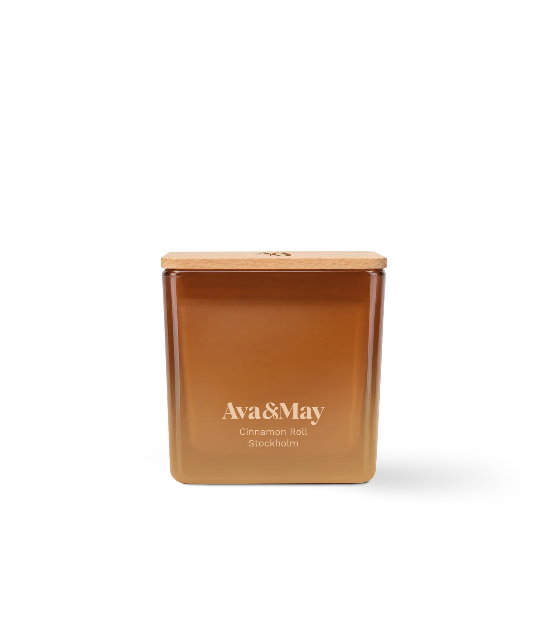 Bougie Ava&May Cinnamon Roll de 220 grammes, dans un pot carré en verre avec un couvercle en bois